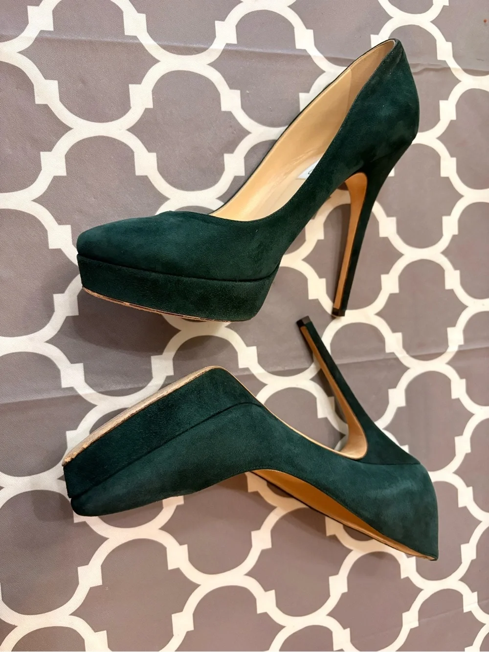 JIMMY CHOO Dark Green Suede Platform Stiletto Pumps
